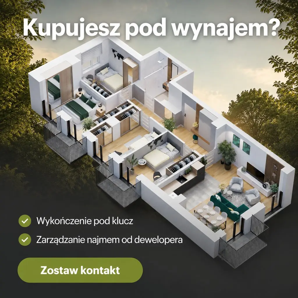 Reklama EKO Grabowej: rzut mieszkania w trzech wymiarach i pytanie „Kupujesz pod wynajem?”